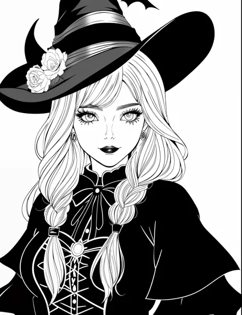 A coloring page with a girl and a cat in a Halloween scene, beautiful witch spooky female, line art colouring page, Retrato de uma jovem bruxa, Bruxa bonita com cabelo longo, black and white coloring, beautiful witch female, coloring book outline, Retrato ...