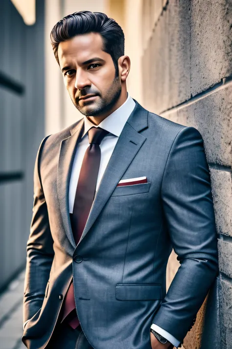 a 35-year-old man standing in a suit and tie, Body and straight head in the photo, de frente para o espectador da foto, olhos fitos para a lente, Appears shoulders and head in the photo, that uses data protection to your advantage, homem centralizado na fo...