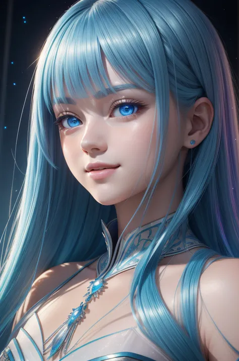 (masterpiece), best quality, portrait of iridescent selenite hair model, perfect face, cute model, cute smile, expressive bright blue eyes. soft glow effect. intricate, insanely detailed, photo realistic, in the style of houseki no kuni, pixar, niji, vray ...