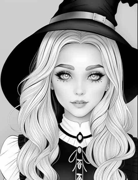 A coloring page with a girl and a cat in a Halloween scene, beautiful witch spooky female, line art colouring page, Retrato de uma jovem bruxa, Bruxa bonita com cabelo longo, black and white coloring, beautiful witch female, coloring book outline, Retrato ...