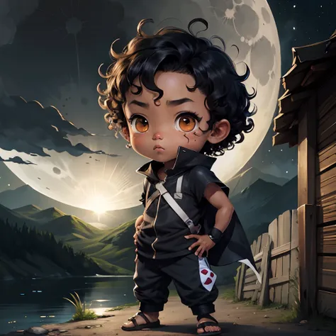 Cute chibi baby boy anime, dark brown skinned, grey ninja clothes, wear sandals, freckle face, moon, curly black hair