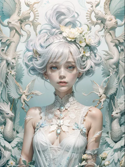 beautiful  Girl(Solo)、Photo、Fantastical、(Loretta Luxe:1.7)、PastelColors:0.6、hitornfreckles、surrealism:1.4、highcontrast、ultra-detailliert、8K、Surreal hairstyle(white gold)、Poses、