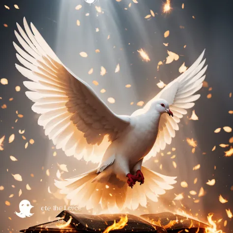 "1 white dove of light behind her the holy bible, around it particles of fire."