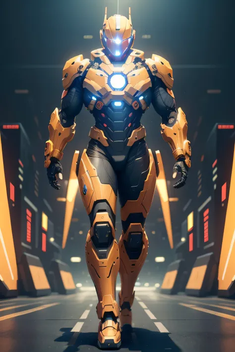 Android like a mix of gundan and marvel war machine in full yellow orange color, fullbody with a machine gun in his shoulder and cannon in the another shoulder,  at the futuristic city, hyperealistic, 8k, complex and real design