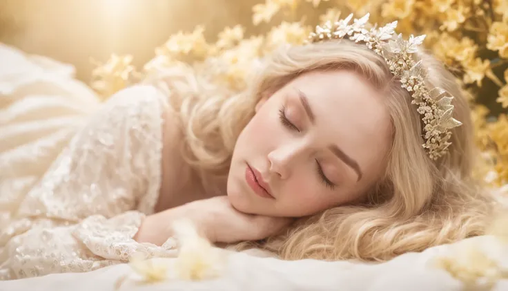 sleeping beauty、Millets paintings「ophelia」Lying like、Woman sleeping peacefully、White robe、Loosely curled blonde、Particles of light flying around、The halo is shining、Golden background、Soft bed、((bokeh dof))、It is overflowing with flowers and plants、depth of...