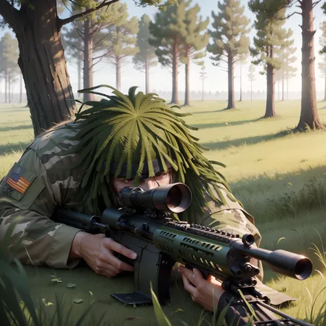 One man in Ghillie suit, laying down in tall grass, aiming a sniper rifle, tree behind the man