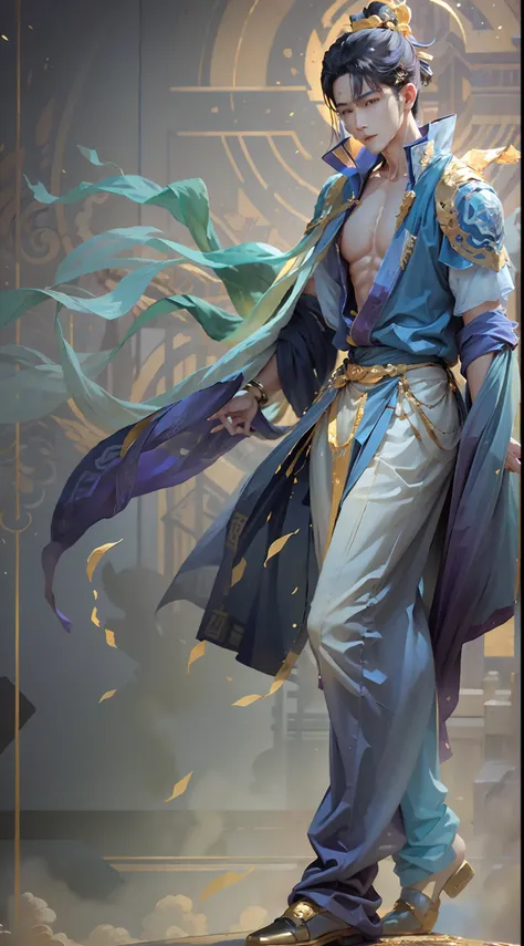 A boy，male people，Sculpture design，Figures，GK model，（The whole body of the character），Expose muscles，（sexy for），（Exquisite base），The color of the clothes is gold，blue and violet，Transparent texture，Wu Yifan，musculous