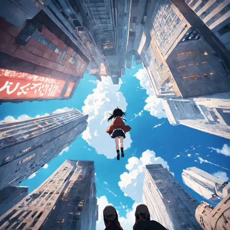 Upside down, walking on clouds, anime, cinematic, skyscrapers upside down, walking on sky, upside down shot