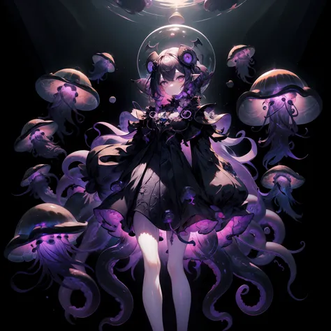 vampire squid girl, female solo。black gothic lolita dress, capes, purple luminous orb on dress, jellyfish in a skirt, bat design...