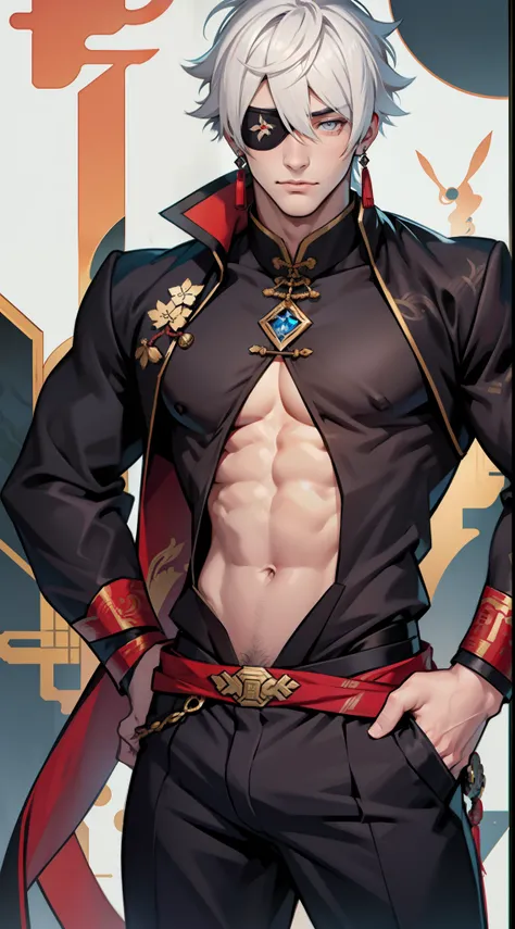 Handsome male. 6 ft 5 tall man. White hair. Short hair. Grey eyes. Eyepatch. Earrings. Toned body. Muscular male. Traditional chinese clothes. Genshin Impact. Wears eyepatch. Hydro vision. Bulge in pants