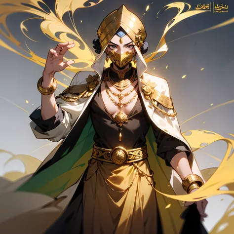 close up character design, multiple concept designs, concept design sheet,1 man with arabic Arab clothes, turbans, golden necklaces, golden accessories, and a golden volto mask ,environment Scene change, pose too, gorgeous prince dress, magic,