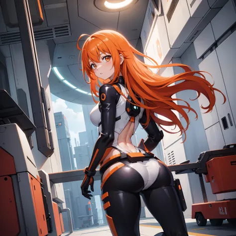 anime girl, orange hair, futuristic facility, full body shot