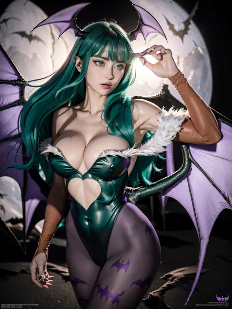 masterpiece, best quality,absurdres,cg, hd, 1girl, long hair, solo, breasts, print legwear, bat print, morrigan aensland, pantyh...