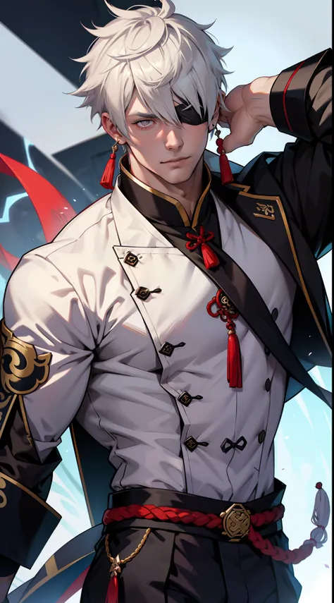 Handsome male. 6 ft 5 tall man. White hair. Short hair. Grey eyes. Eyepatch. Earrings. Toned body. Muscular male. Traditional chinese clothes. Genshin Impact. Wears eyepatch. Hydro vision. Bulge in pants. Liyue