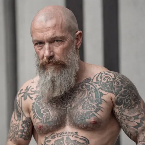 50 years old man with long beard, wearing a kilt ;standing full body ; celtic inspired tattooes to cover the whole body; tattoed chest; tattoed arms; tattoed legs; high resolution, hyperdetailed, hyperealistic, sharp focus, photo realistic, intricate detai...