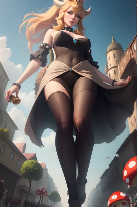 ((masterpiece, best quality, award-winning, high resolution)), giantess, walking in mushroom village, standing, dynamic pose