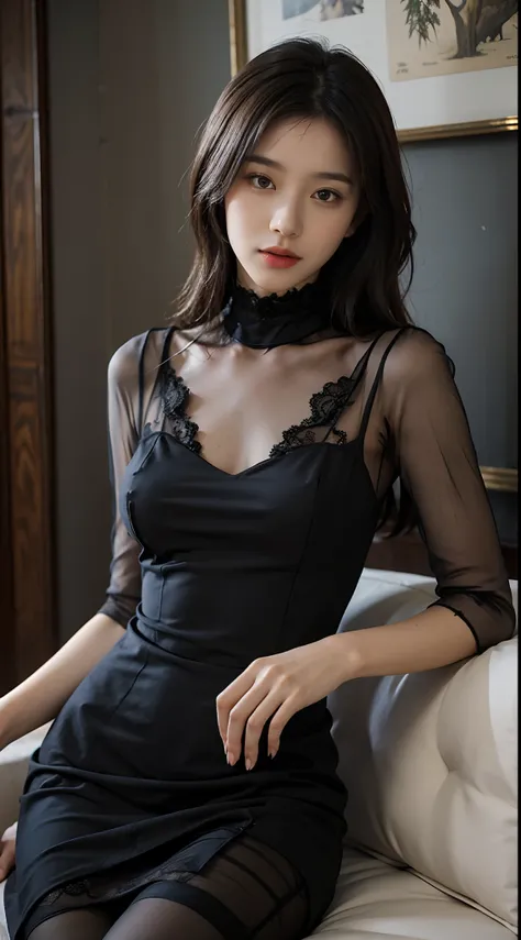 tmasterpiece，best qualtiy，8k wallpaper，Ultra-detailed details，The details are complex，(Photorealistic:1.4)，1girll，Korean female model，Wearing a black dress and high heels, （Wearing brown 10d stockings，Brown 10d pantyhose：1.5），Black lace dress, Dressed in b...