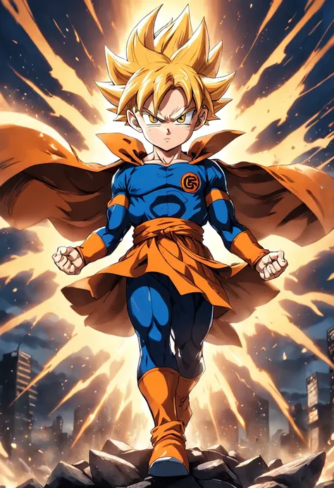 Child turned into super Sayajin , com roupas do Goku ,  (( imagem sem deformidades )) , Scenario with destruction , Body with childish pattern , olhar fixo , melhor qualidade , best resolution , obra prima