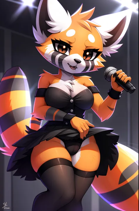 1girl, RetsukoCzar, (two-toned fur, orange fur, black eyes, whiskers, animal ears, racoon tail, striped tail, snout), (black skirt, Goth costume, Black Underwear), (karaoke bar), (masterpiece:1.2), hires, ultra-high resolution, 8K, high quality, (sharp foc...