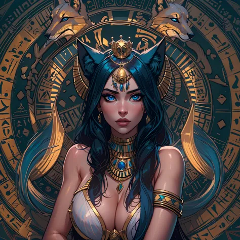 masterpiece, ultra hd, 8k,hdr, dynamic , blue eyes , hyper realistic, detailed background, finely detailed_body, big_boobs , fullbody,1girl, very long hairstyle, (dark blue hair color:1.2), (bright eyes:1.1), | symetrical crown, egyptian, egyptian clothes ...