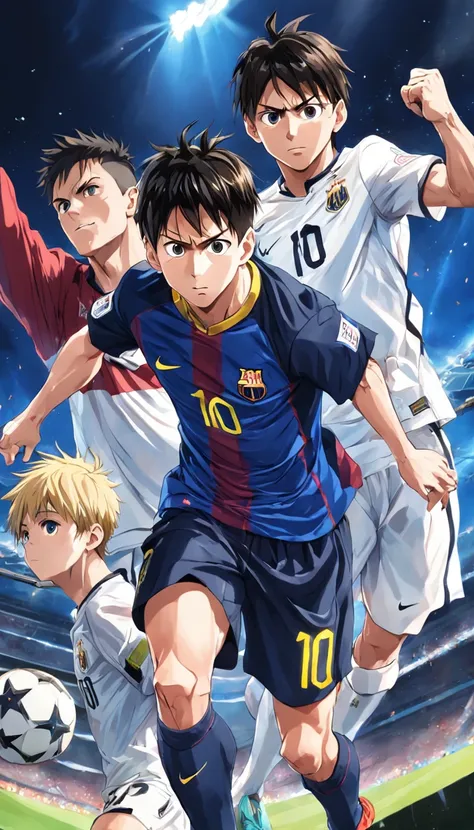 Lionel Messi , Neymar Jr , cristiano Ronaldo , estilo anime , jogadores de futebol , (( imagem sem deformidades )) , Standard scenario , melhor qualidade , best resolution , obra prima