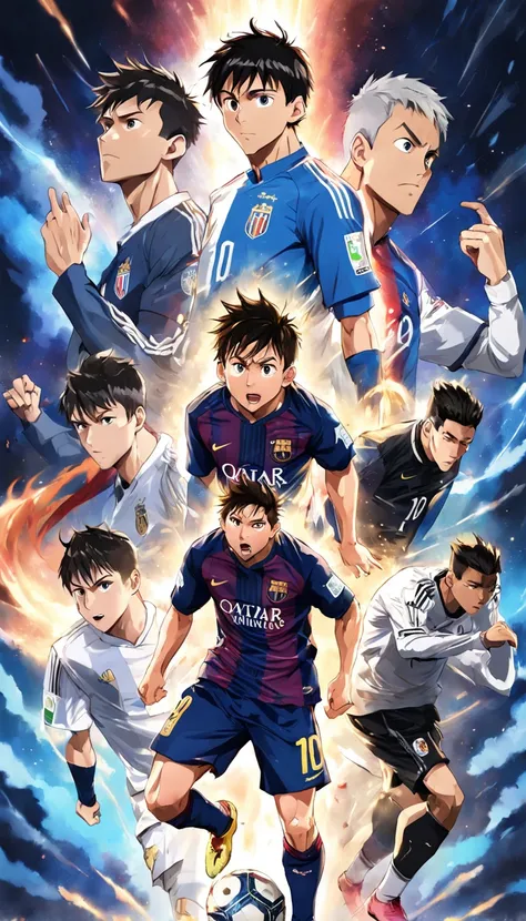 Lionel Messi , Neymar Jr , cristiano Ronaldo , estilo anime , jogadores de futebol , (( imagem sem deformidades )) , Standard scenario , melhor qualidade , best resolution , obra prima