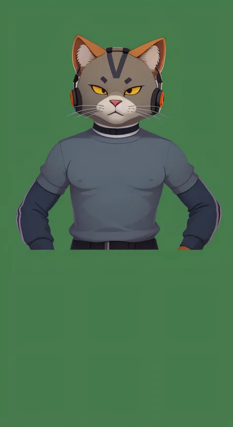 gato dos desenhos animados usando fones de ouvido e uma camisa cinza, generic furry style, mascote de corpo inteiro, sem linha, Retrato de personagem peludo, Criado no Adobe Illustrator, Rabbt_character, avatar da parte superior do corpo, 2 d render, Backg...