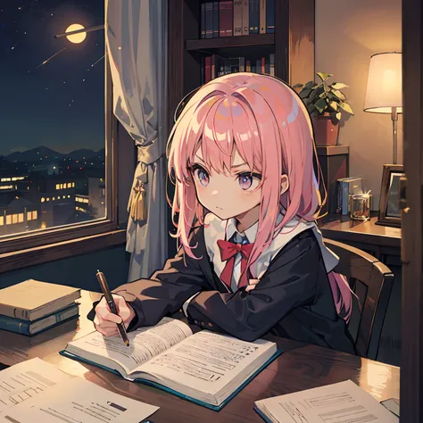 Cute little girl s　Studying　Serious face　on desk　inside in room　by night　murky