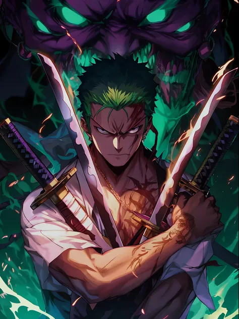 anime character with two swords in front of a demon, roronoa zoro, badass anime 8 k, anime epic artwork, 4 k manga wallpaper, an...