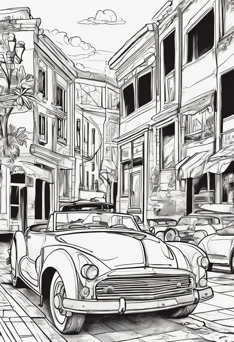 Use the image above to create an illustration of vintage black and white cars with straight lines and a look similar to a childrens coloring book page. Make sure there is no noise and that the lines are thick and sharp like contour art. Change the aspect r...