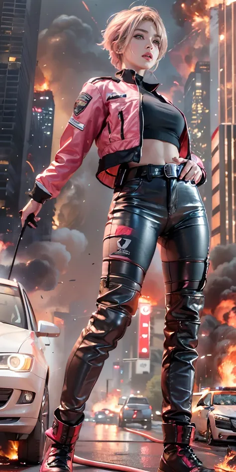 (Photorealistic, Ultra High Definition), ((close up:1, looking at viewer)), Soft light,1 police lady, Night City, (Detailed face), (Pink coiffed short-Hair: 1.3), (cloths color base on silver black pink red white), Futuristic Racing Suits, Police costume l...