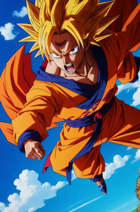 estilo anime, Goku Dragon Ball Z, clima quente, cores vividas, magnificent blue sky, folhas levadas pelo vento, cinematic shading, CG anime