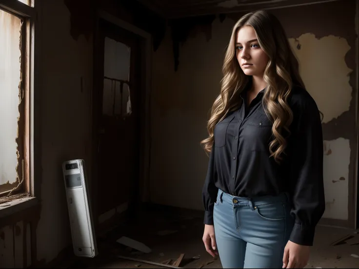 Ultra-realistic 8K image of a 22-year-old ugly woman with long wavy light hair, chubby, dressed in a black blouse and jeans, standing in an old abandoned house with moldy walls; holding a k2 device, night, expression of annoyance