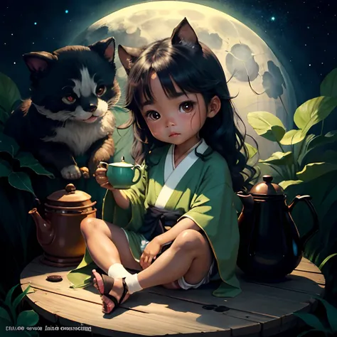 Cute dark brown skinned baby chibi anime, green kimono, sit in the teapot, moon, long black hair, clear toes, clear feet, freckles on the face, wear sandals