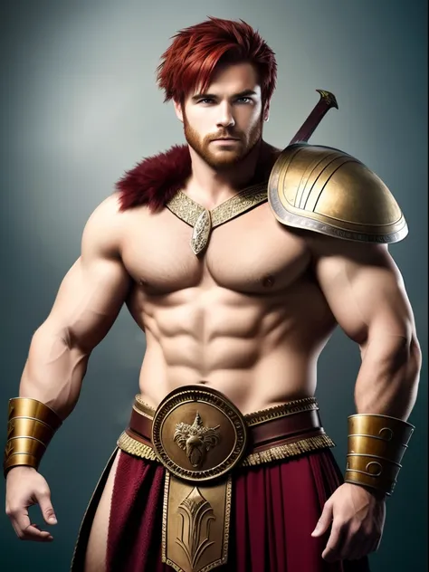 A handsome and very bulky strong and rusky, very masculine hairy muscular man, red hair, windy messy hair, posing in a Roman or a Gladiator costume,with shield and sword, isolated on a white background, studio Stock Photograph.