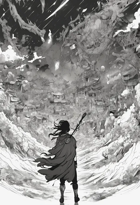 A mystical world devastated by a special attack, in the style of black and white manga