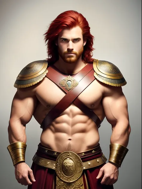 A handsome and very bulky strong and rusky, very masculine hairy muscular man, red hair, windy messy hair, posing in a Roman or a Gladiator costume,with shield and sword, isolated on a white background, studio Stock Photograph.