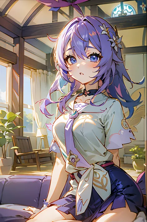 Anime girl from genshin impact, focalors from genshin impact, furina from genshin impact, purple hairs, blue eyeswearing short shirt, sunny day, Living room, cute face, ultrasharp 8k seductive girl, full body view, perfect eyes