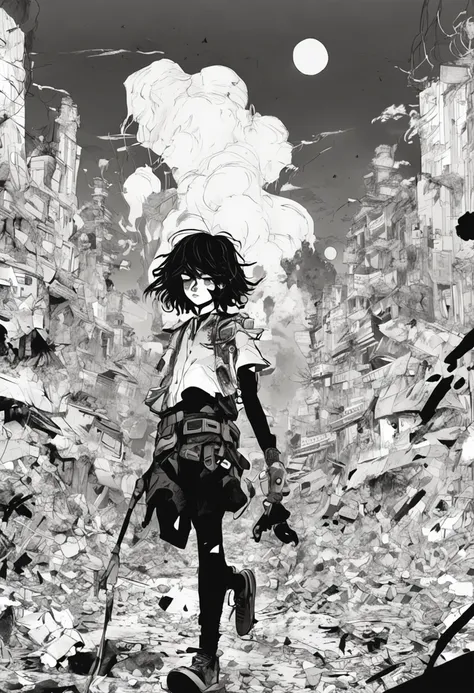 garoto adolescente, cabelo cacheado preto, black and white manga style, mystical clothes, Walking in a totally destroyed world