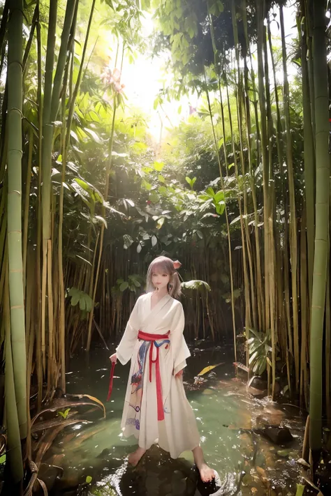 Teenage Japan girl scene, Shortcut Girl、Wear a traditional thin yukata, Fight giant monster frogs with Japan swords: "In a secluded and mysterious area of Japan, Legends come to life、Where the boundaries between reality and fantasy blur, Teenage Japan girl...