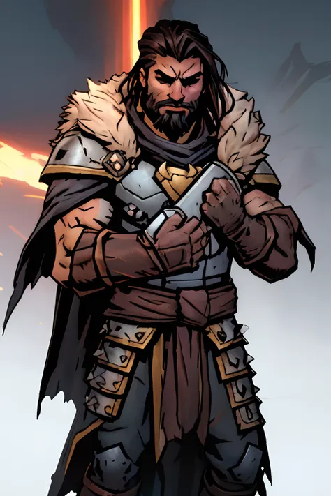 darkest dungeon style, sadurang from marvel, hunk, shoulder length mane hair, defined face, detailed eyes, short beard, glowing ...