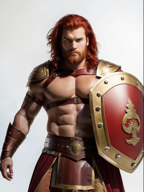 An insanely handsome and very bulky strong and rusky man, very masculine hairy muscular man, red hair, windy messy hair, posing in a Roman or a Gladiator costume,with shield and sword, isolated on a white background, studio Stock Photograph.