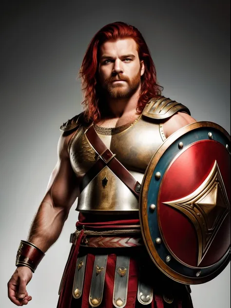 An insanely handsome and very bulky strong and rusky man, very masculine hairy muscular man, red hair, windy messy hair, posing in a Roman or a Gladiator costume,with shield and sword, isolated on a white background, studio Stock Photograph.