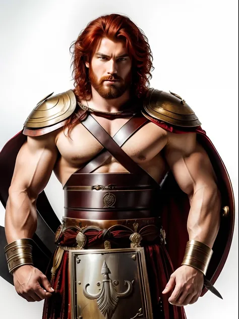 An insanely handsome and very bulky strong and rusky man, very masculine hairy muscular man, red hair, windy messy hair, posing in a Roman or a Gladiator costume,with shield and sword, isolated on a white background, studio Stock Photograph.