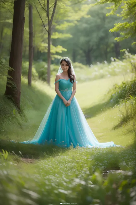 crie uma imagem de uma elfa loira, com vestido longo, sem decotes azul claro e branco brilhante no meio de uma floresta encantada