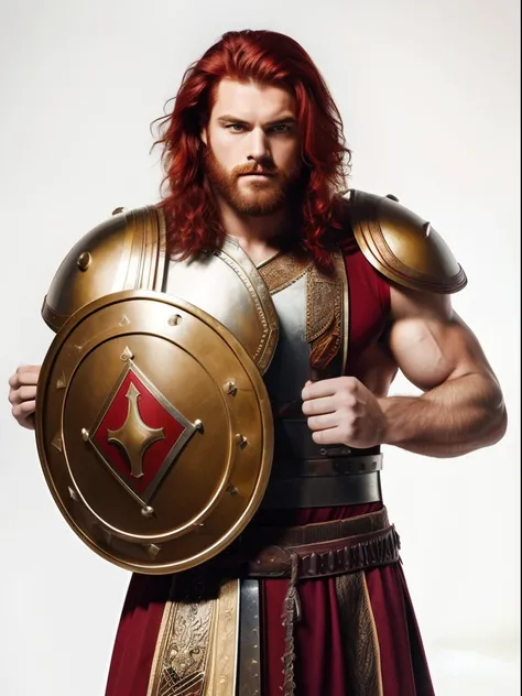 An insanely handsome and very bulky strong and rusky man, very masculine hairy muscular man, red hair, windy messy hair, posing in a Roman or a Gladiator costume,with shield and sword, isolated on a white background, studio Stock Photograph.