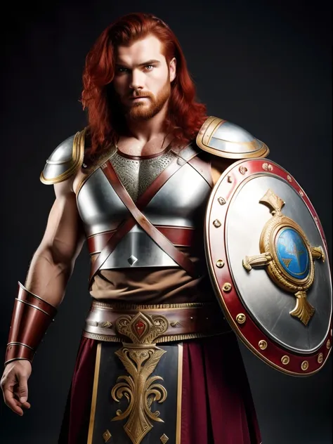 An insanely handsome and very bulky strong and rusky man, very masculine hairy muscular man, red hair, windy messy hair, posing in a Roman or a Gladiator costume,with shield and sword, isolated on a white background, studio Stock Photograph.