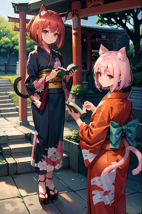 masutepiece, Best Quality, Detailed beautiful face and eyes, Full body, The best illustrations, PastelColors, (jpn、Shrine 1.4), Red torii gate, beauitful face, blurry backround, 10 year old beautiful girl, shinny skin, (１The tail of a cat in a book grows:1...