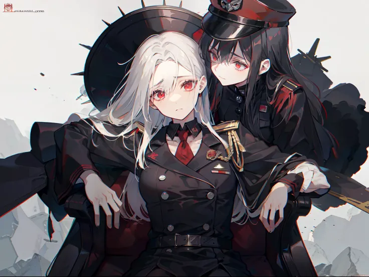 uma mulher com um cabelo longo preto, wearing a black and red military uniform wearing a military cap with detail skulls while being sad in a war