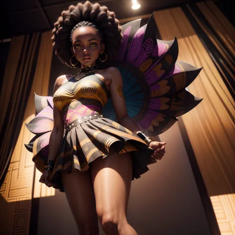 Beautiful black girl dressed in a skirt with African designs modelling on the runway,  with iridescent light, highly detailed images, vibrant beautiful colours, photorealistic image, 8k, ultra HD, unreal engine rendered, cinematic lighting, artgerm style,